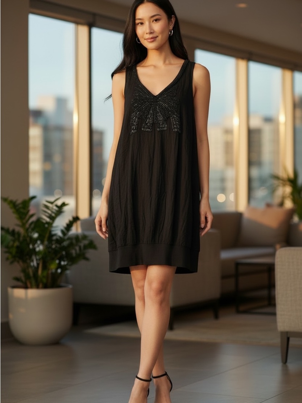 H&M M Sleeveless V-Neck Embellished Shift Dress - Black